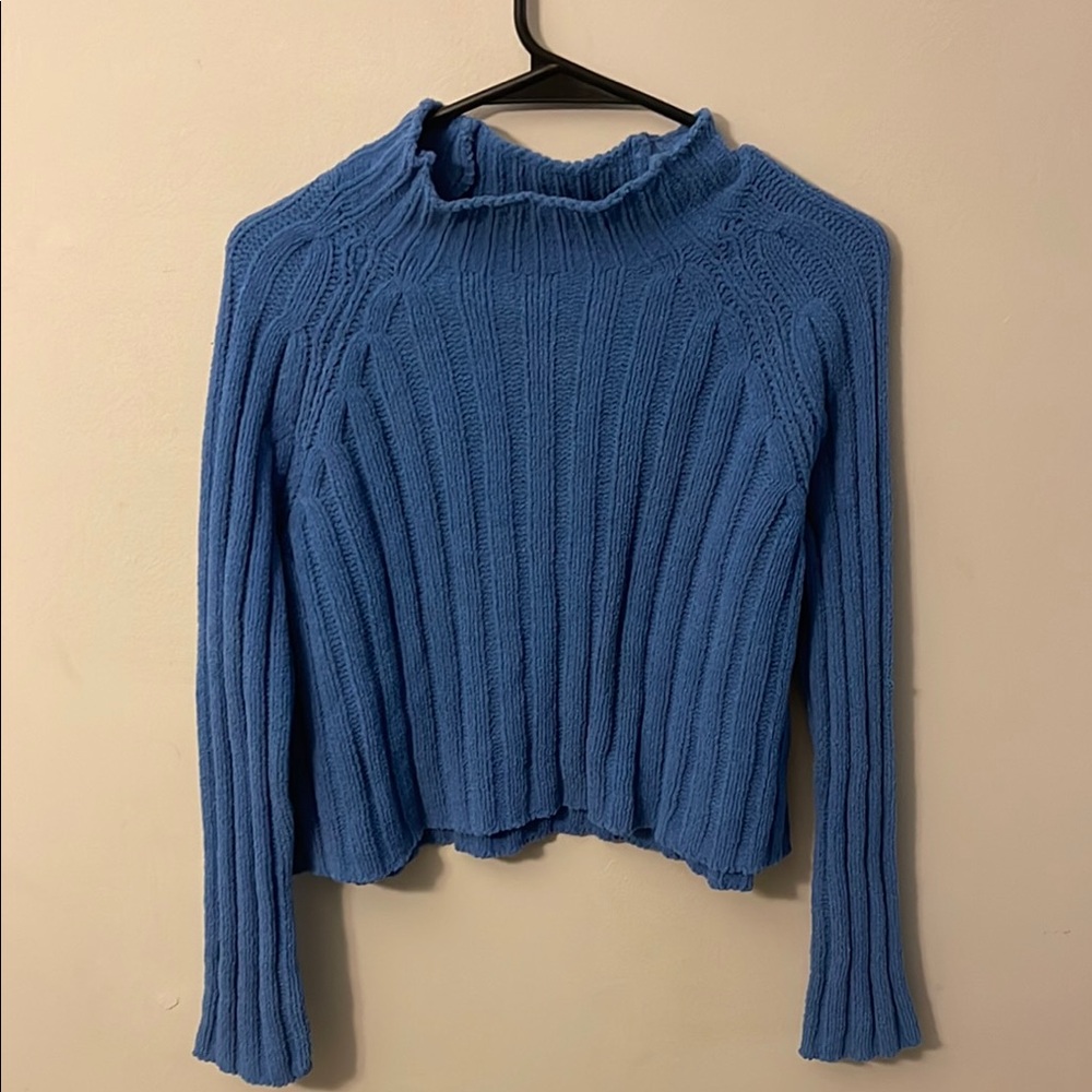 Blue Ribbed Knit Sweater